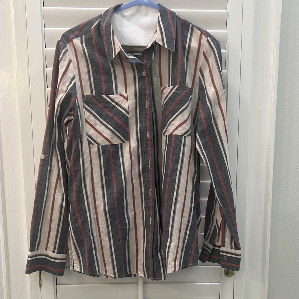 DREW Red and Blue Button Down Shirt with Bold Stripes
